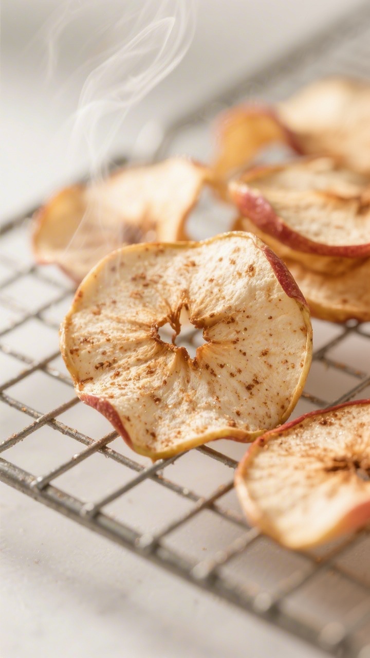 Close-up detail: A tight macro of freshly air-fried spiced apple chips cooling on a wire rack, edges