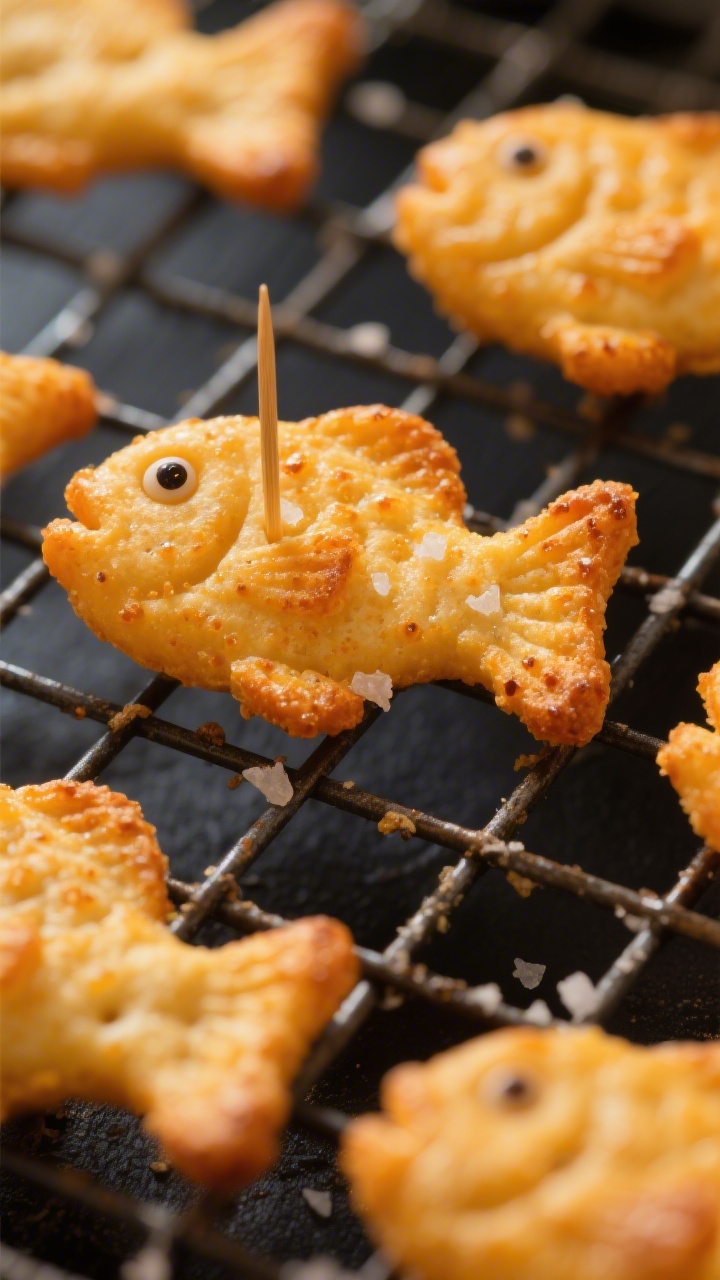 Close-up detail: A tight macro shot of freshly air-fried Goldfish-style cheddar crackers cooling on