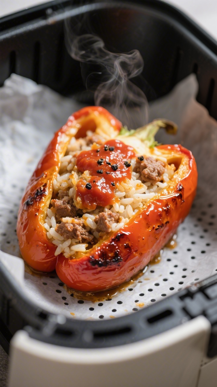 Close-up detail: Air-fried frozen stuffed pepper just after the first 15-minute cook, in an open air