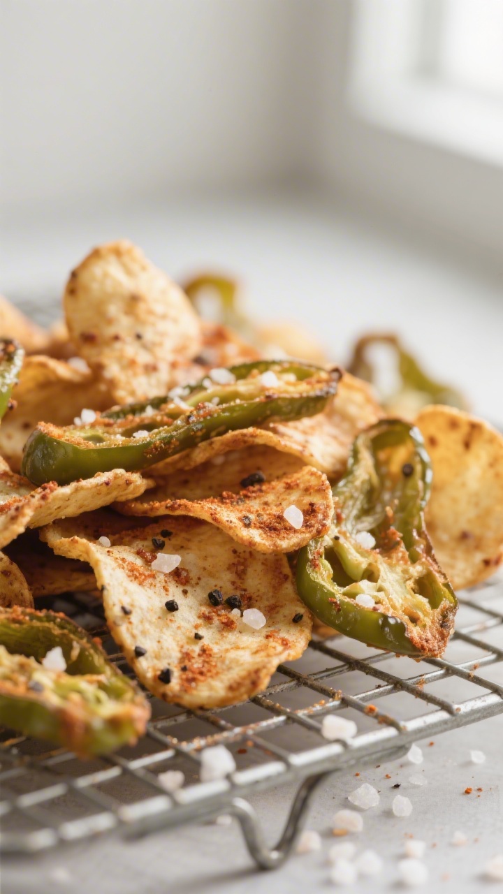 Close-up detail: Air-fried jalapeno chips just out of the basket, lightly browned and curled at the