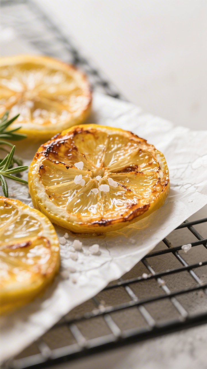 Close-up detail: Air-fried lemon slices just out of the basket, glossy centers with lightly carameli