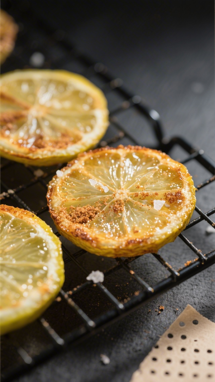Close-up detail: Air-fried lime slices just cooled on a wire rack, edges lightly caramelized golden-