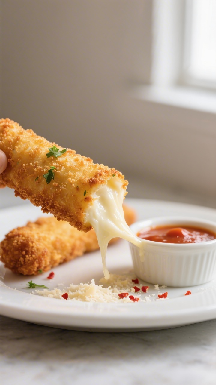 Close-up detail: Air-fried mozzarella stick just pulled apart to reveal a long, gooey cheese stretch