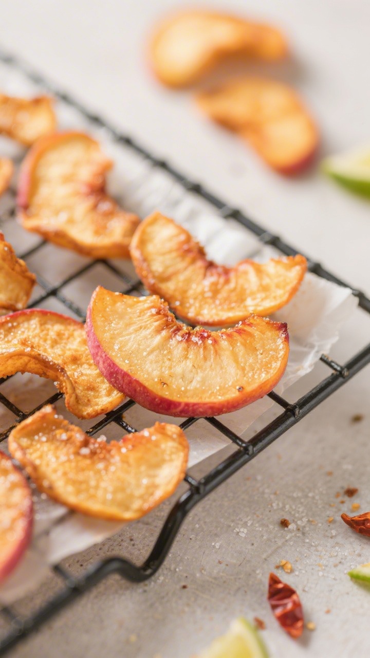Close-up detail: Air-fried nectarine chips just cooled on a wire rack, edges curled and lightly cara