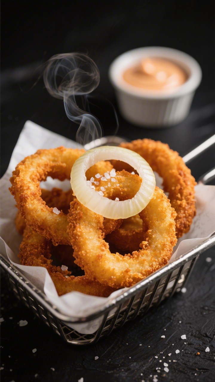 Close-up detail: Air-fried onion rings just out of the basket, golden brown with crisp, bubbly bread