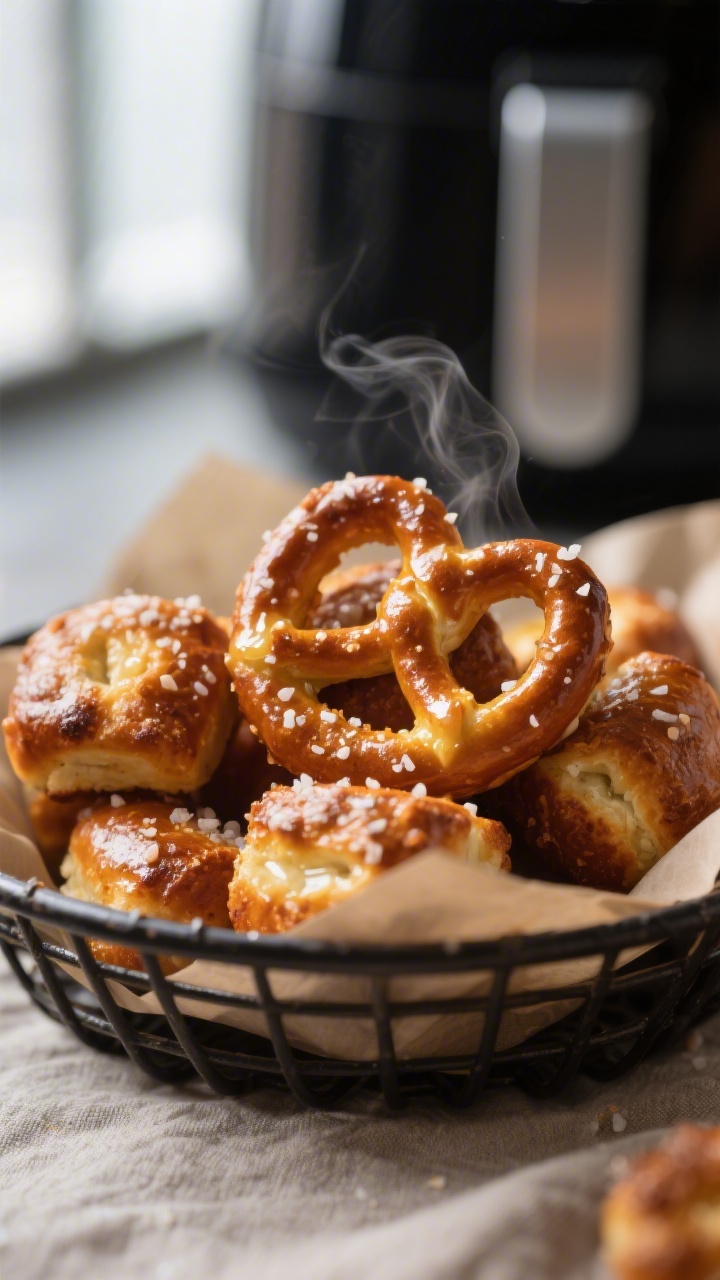 Close-up detail: Air-fried pretzel bites just out of the basket, deep golden-brown with blistered, s