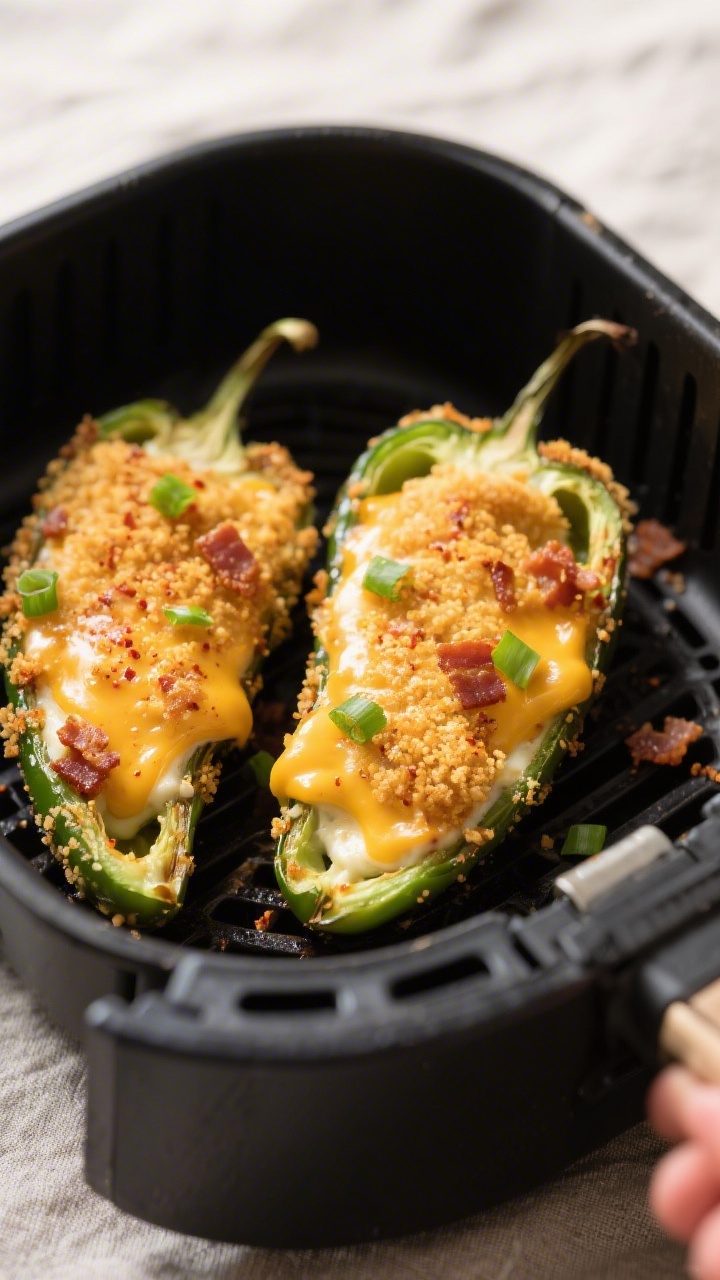 Close-up detail: Air-fried stuffed jalapeno halves just out of the basket, cut side up, showing deep