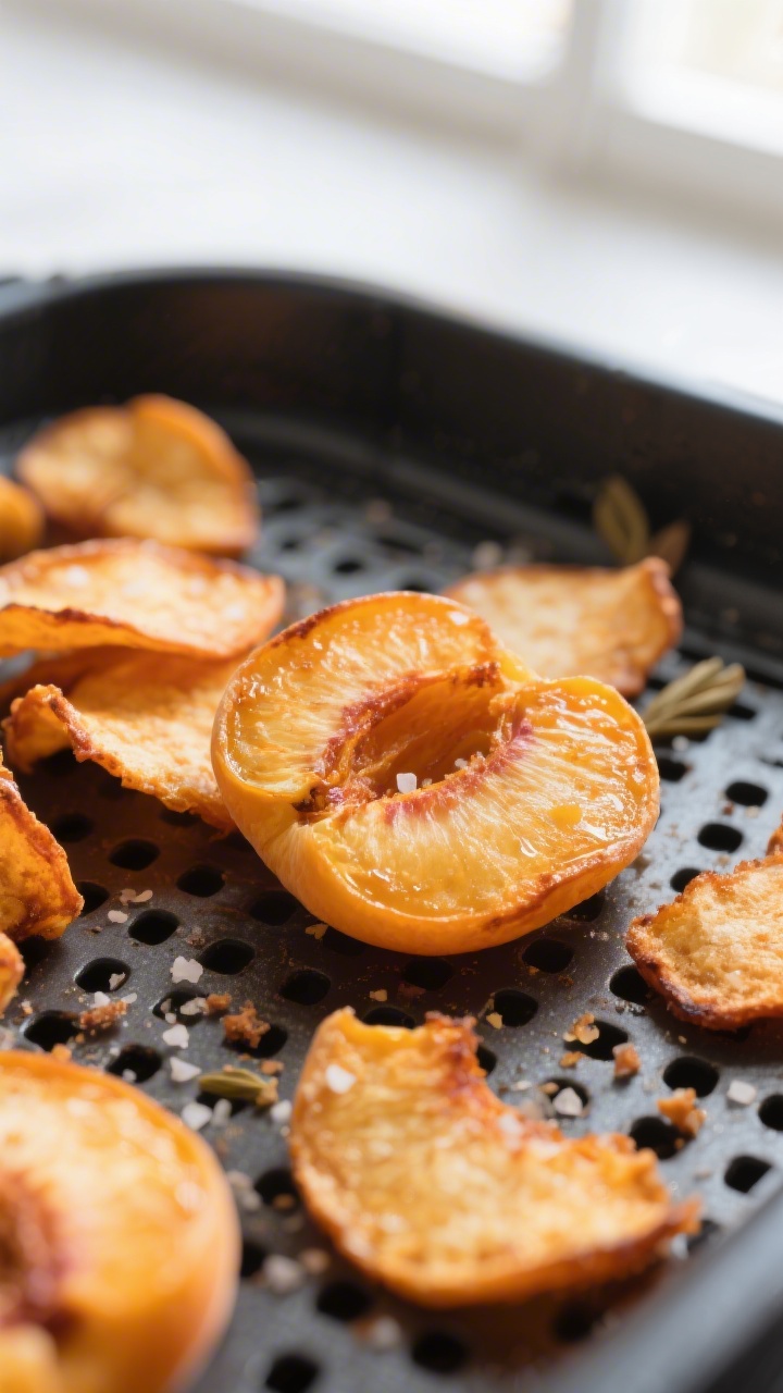 Close-up detail: Air fryer apricot chips just finished cooking, golden-orange slices with lightly cu