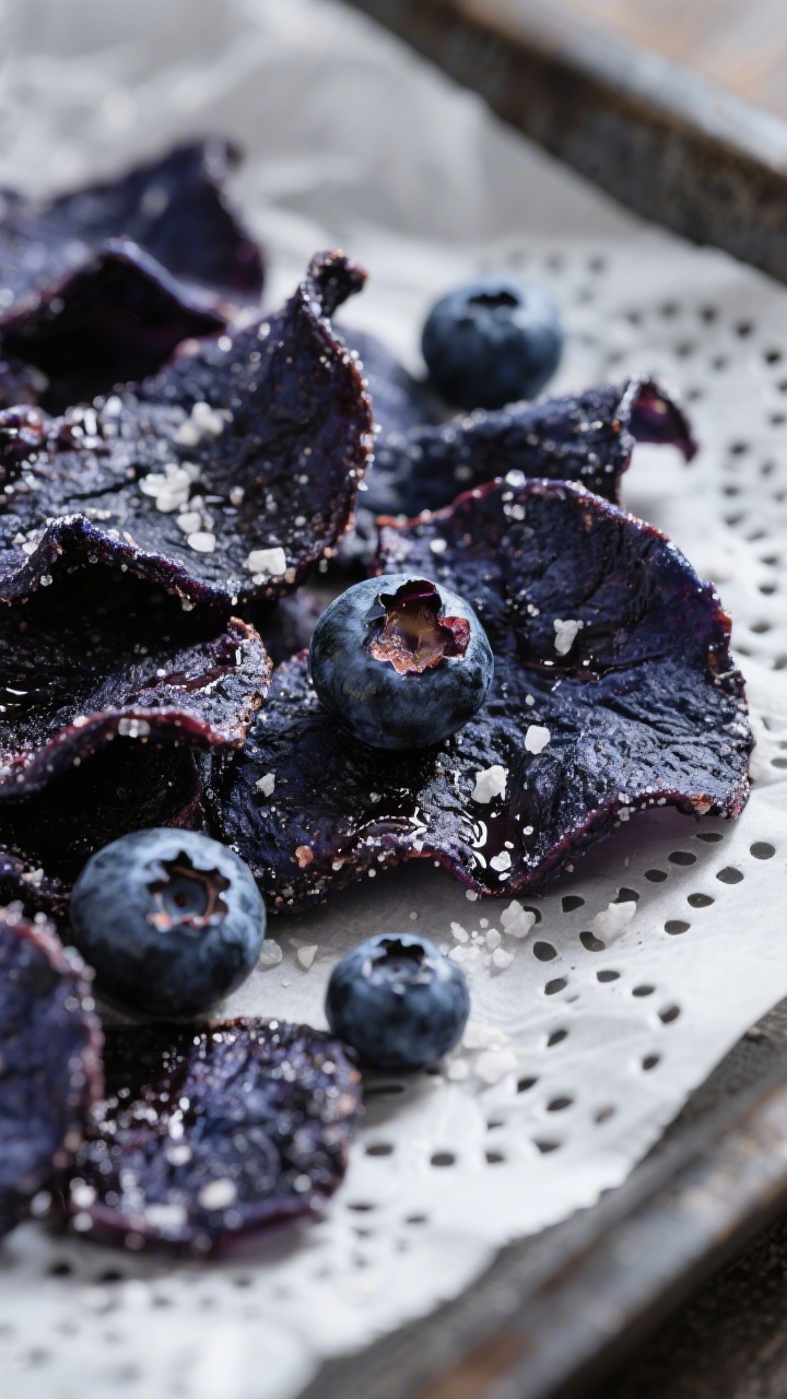 Close-up detail: Air fryer blueberry chips just cooled on a perforated parchment liner, deeply wrink