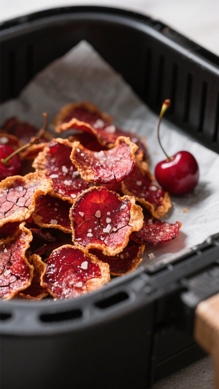 Close-up detail: Air Fryer Cherry Chips just finished drying, edges curled and crisp with glossy, ru
