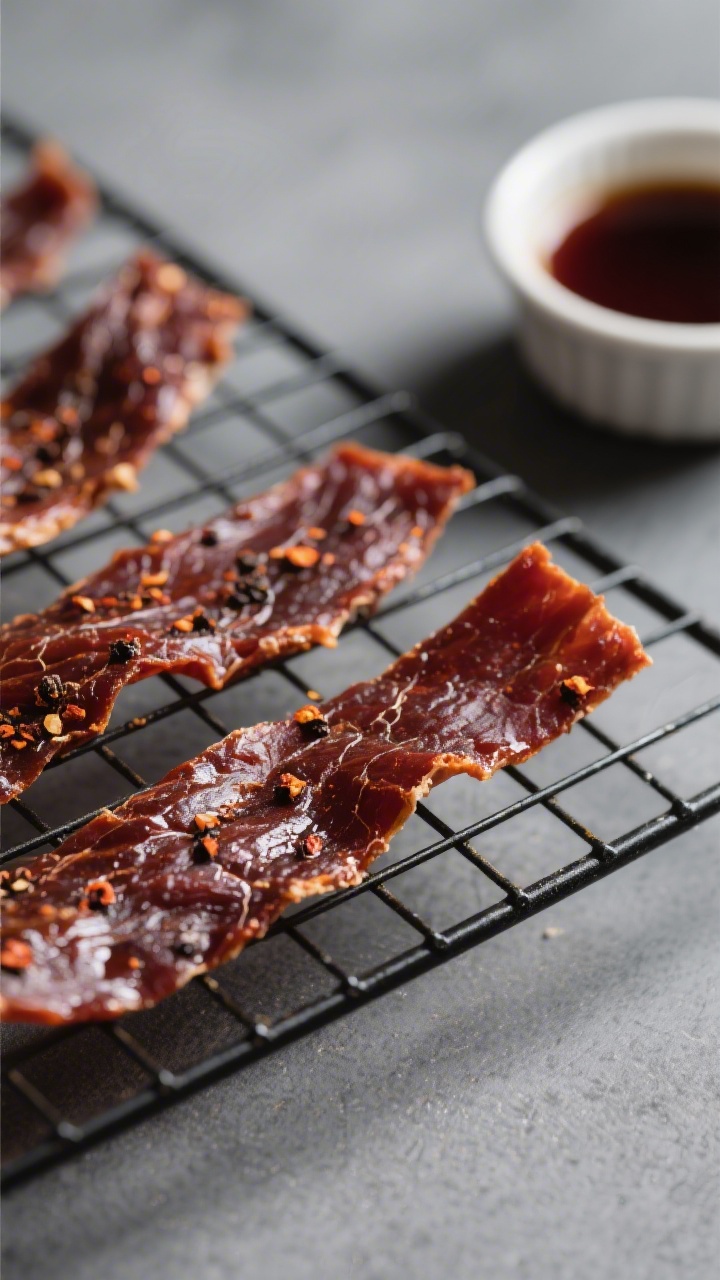 Close-up detail: Air fryer duck jerky strips just finished drying on a wire rack, deep mahogany colo