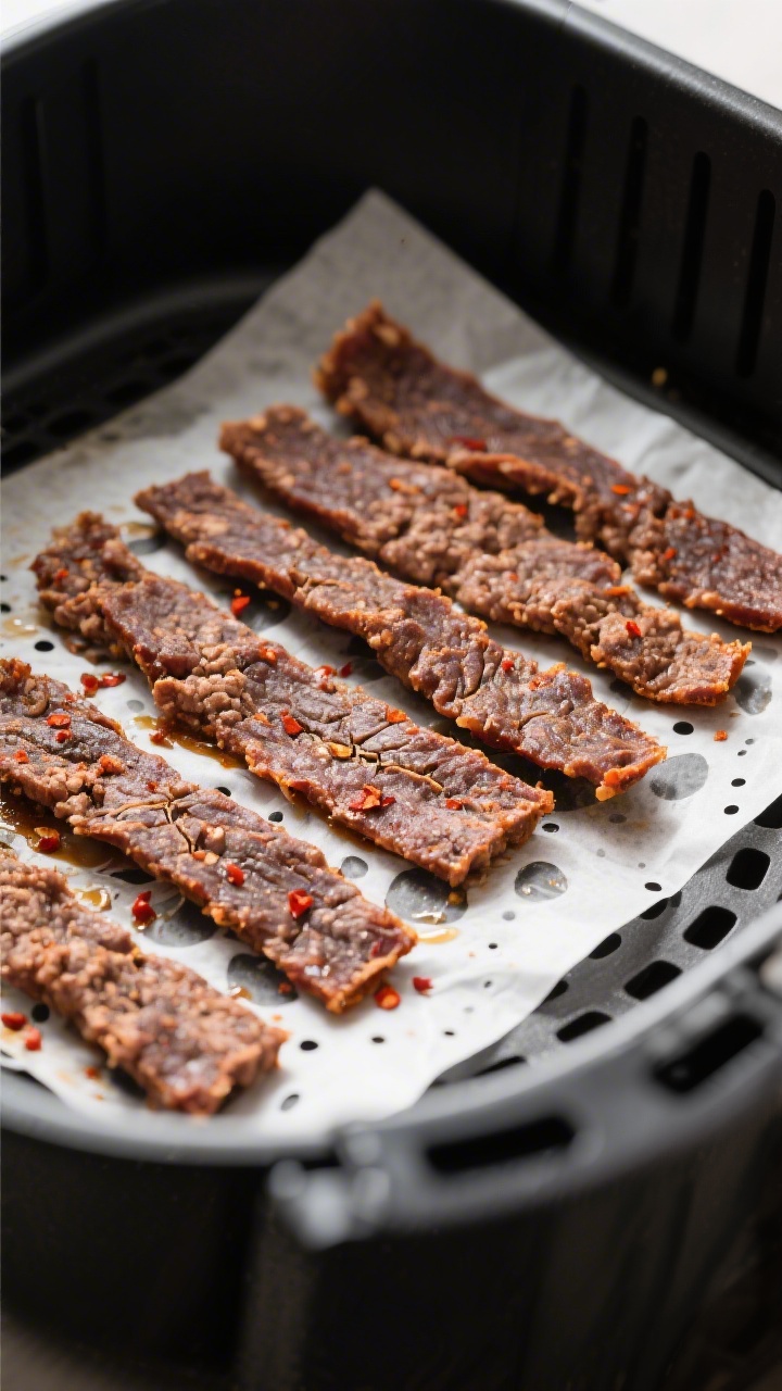Close-up detail: Air fryer ground beef jerky strips mid-dry in the basket, evenly spaced on perforat