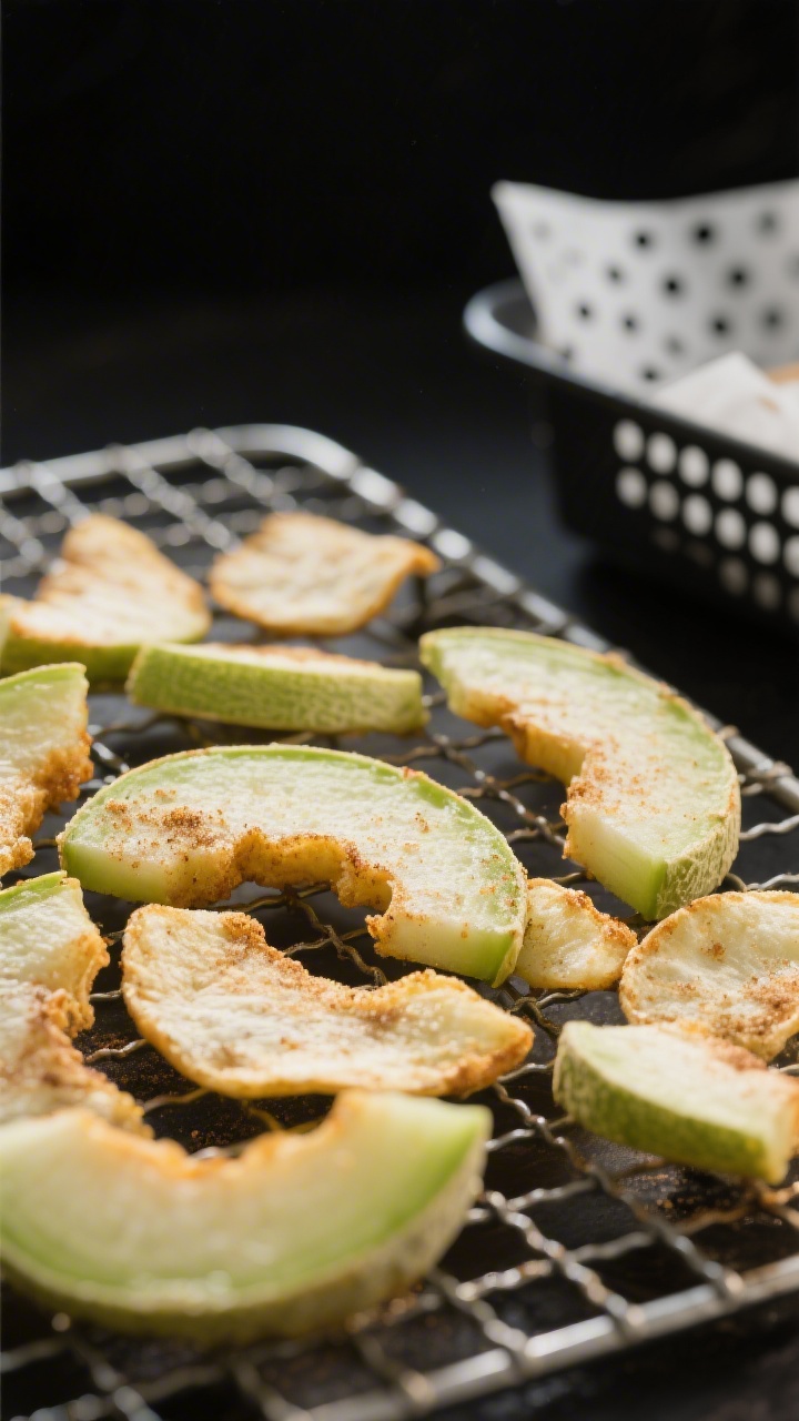 Close-up detail: Air Fryer Honeydew Chips just finished cooking, arranged on a cooling rack in a sin