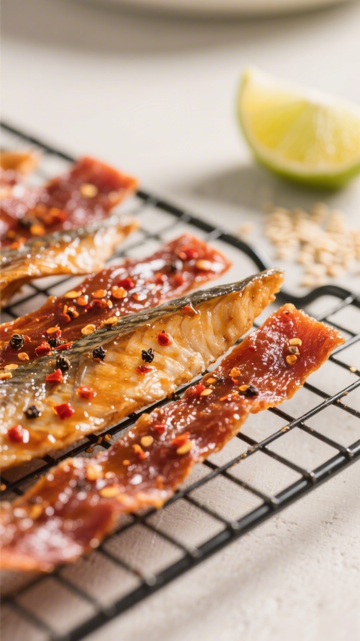 Close-up detail: Air fryer mahi mahi jerky strips just finished, resting on a wire rack. Show glossy