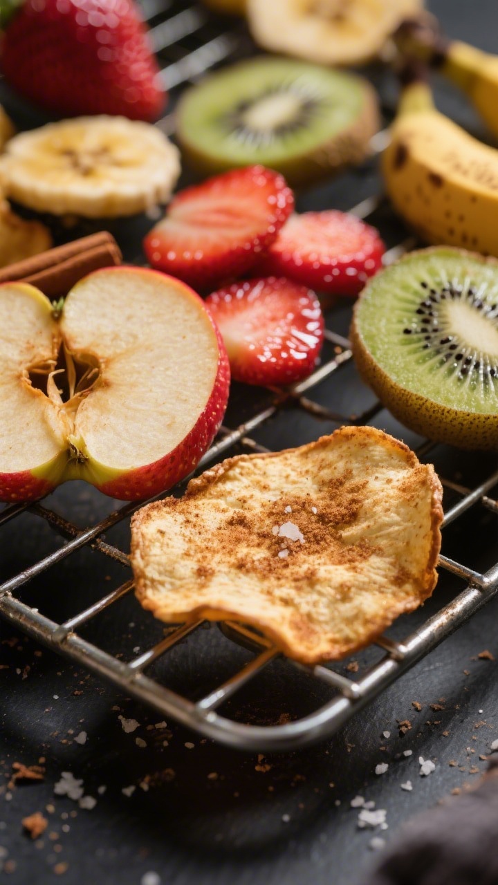 Close-up detail: Air fryer mixed fruit chips just cooled on a wire rack—apple rounds with curled,