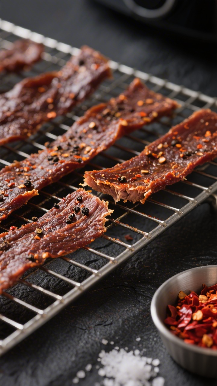 Close-up detail: Air fryer no-sugar beef jerky just finished drying, strips arranged on a wire rack,