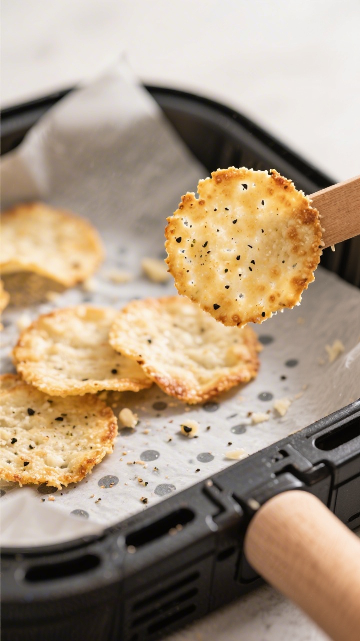 Close-up detail: Air fryer Parmesan crisps just out of the basket, golden-laced edges with tiny toas
