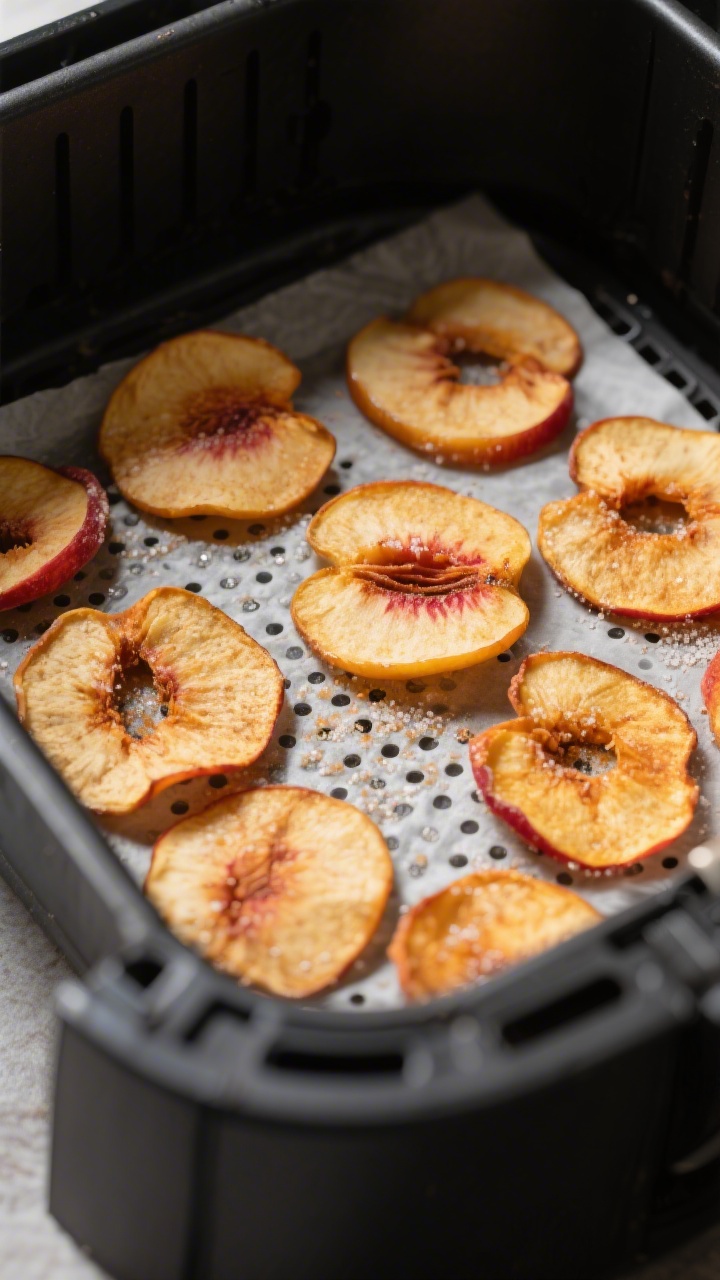 Close-up detail: Air fryer peach chips just finished cooking, thin 1/8-inch peach rounds arranged in