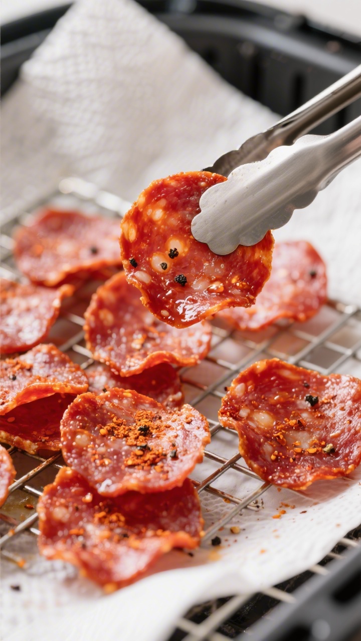 Close-up detail: Air fryer pepperoni chips just finished cooking in a hot 375°F basket, edges curle