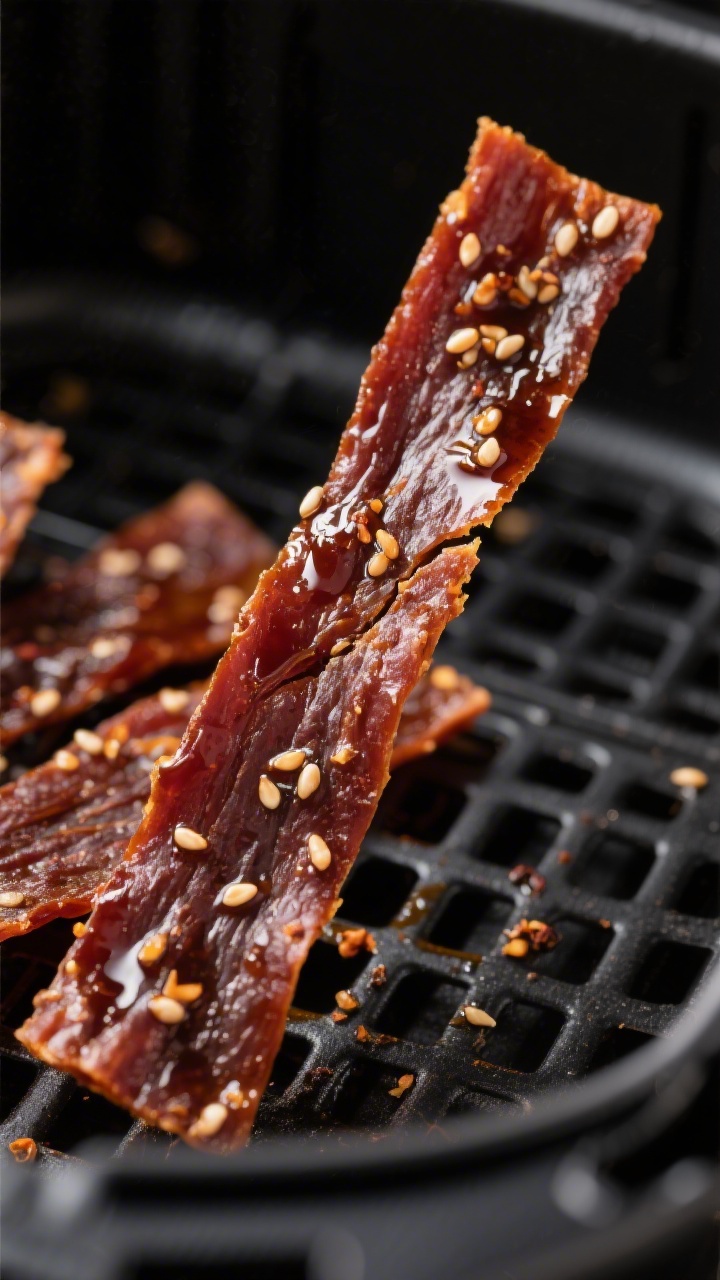 Close-up detail: Air fryer teriyaki turkey jerky strips mid-dry in the basket at 190°F, surface dry