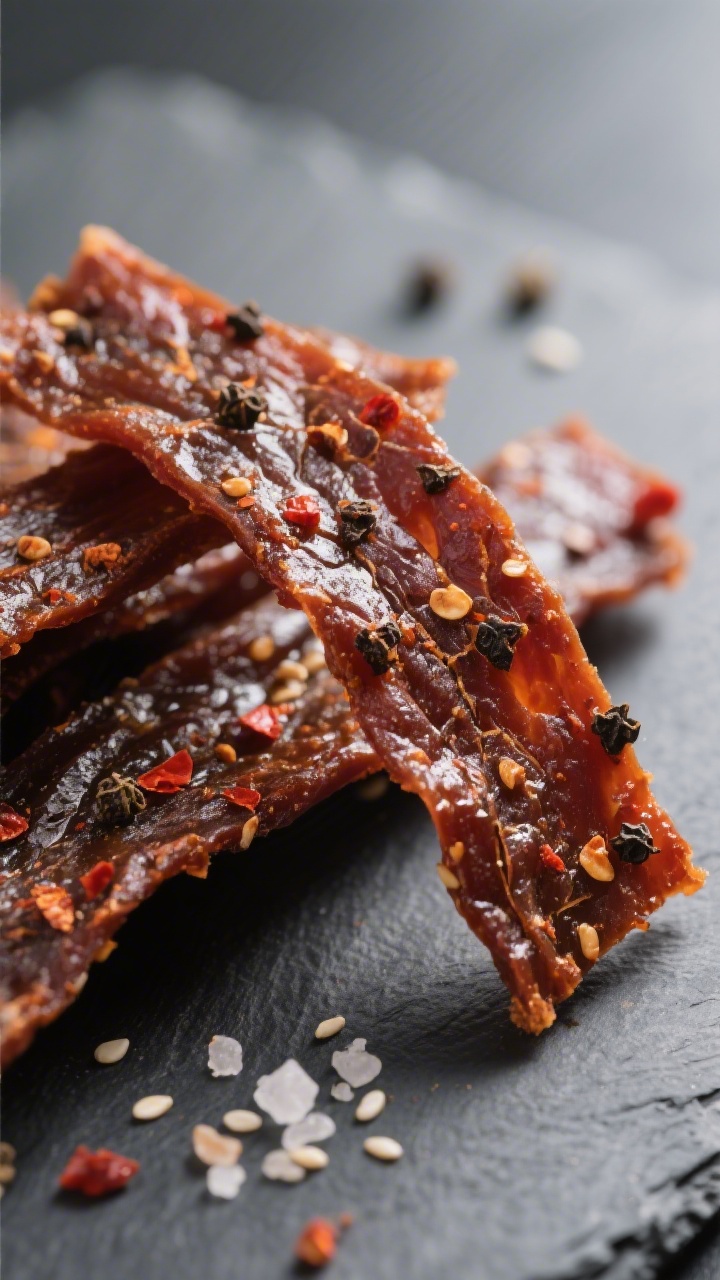 Close-up detail: Chewy strips of air-fryer alligator jerky, lightly glossy and mahogany-brown with v