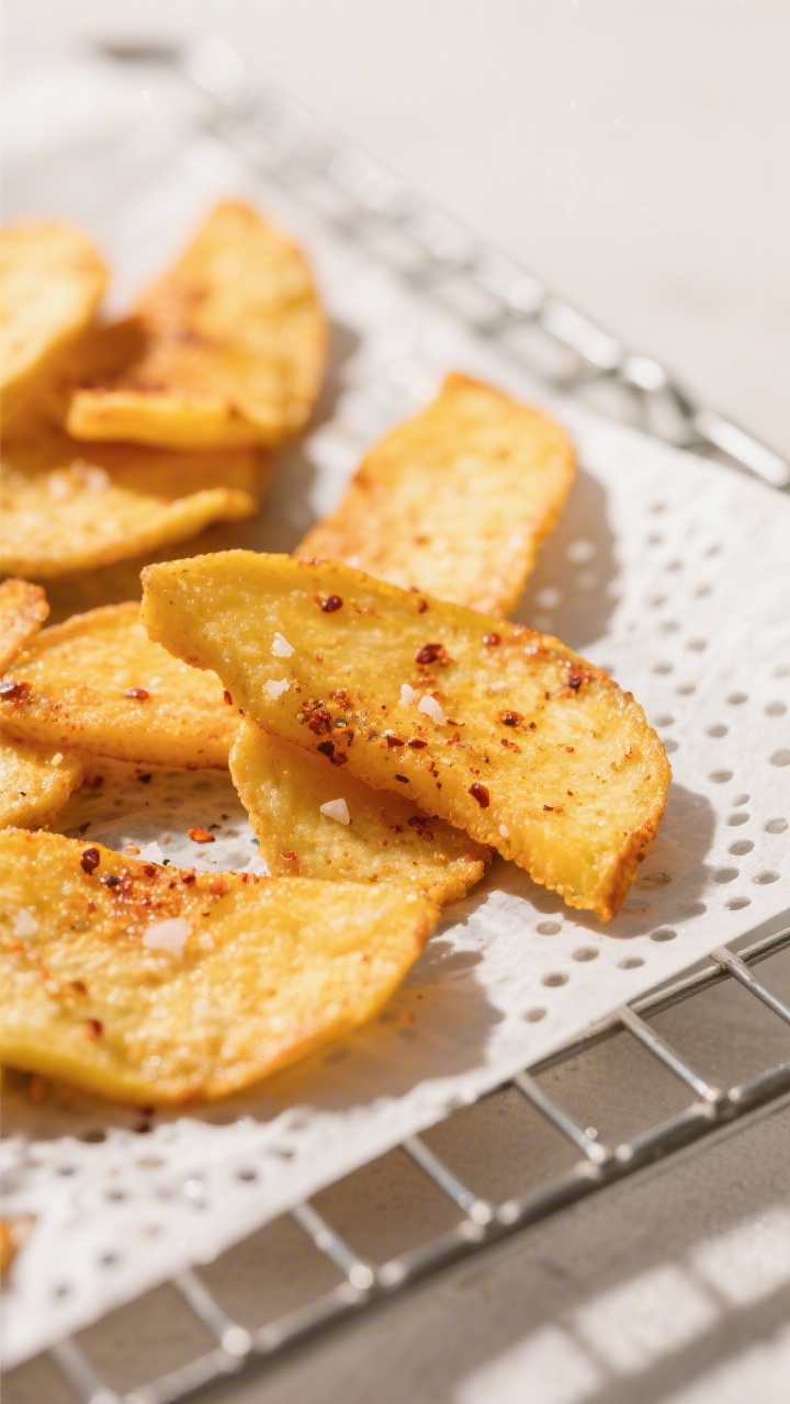 Close-up detail: Crisp air-fried mango chips just after the 300°F finish, edges slightly curled and