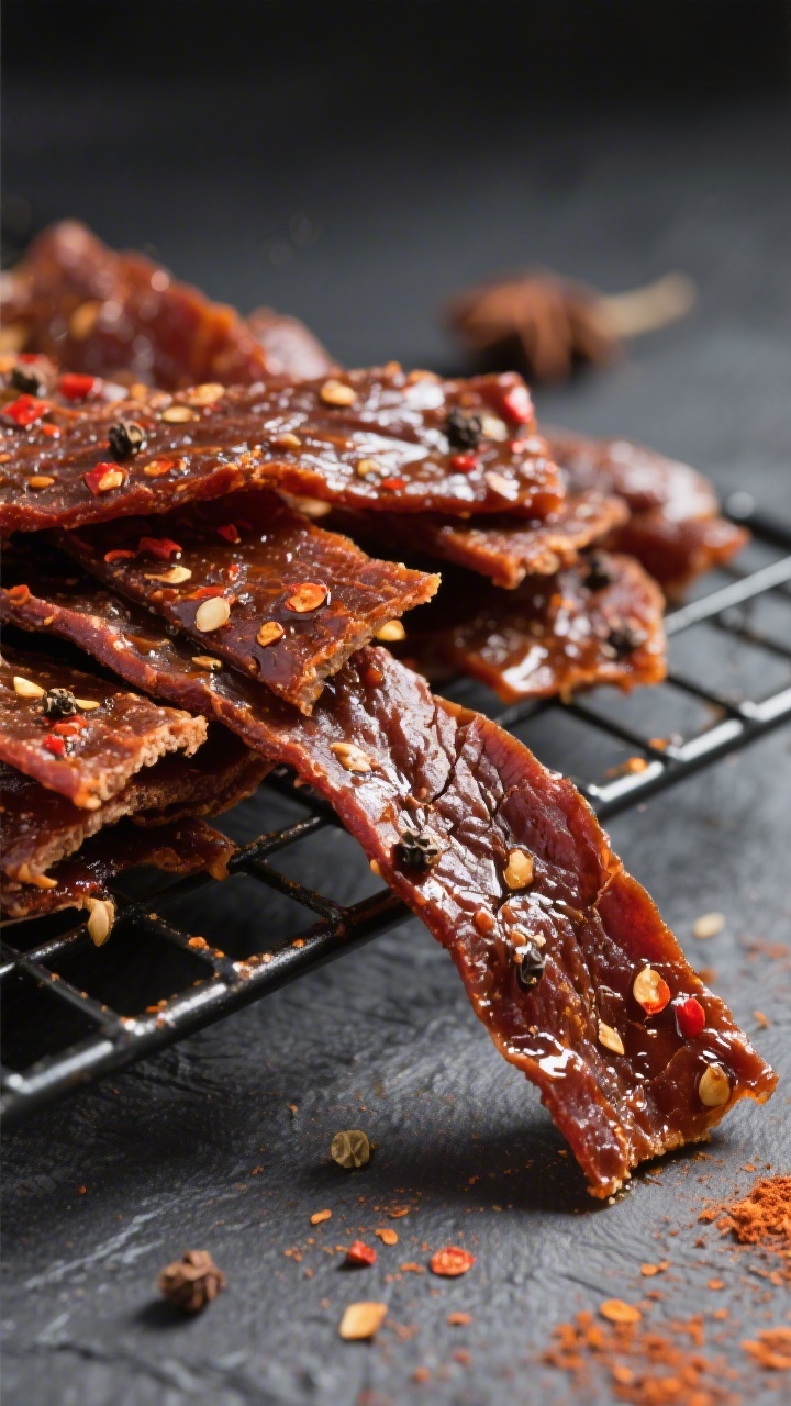 Close-up detail: Glazed air fryer garlic beef jerky strips just after cooking, stacked loosely on a