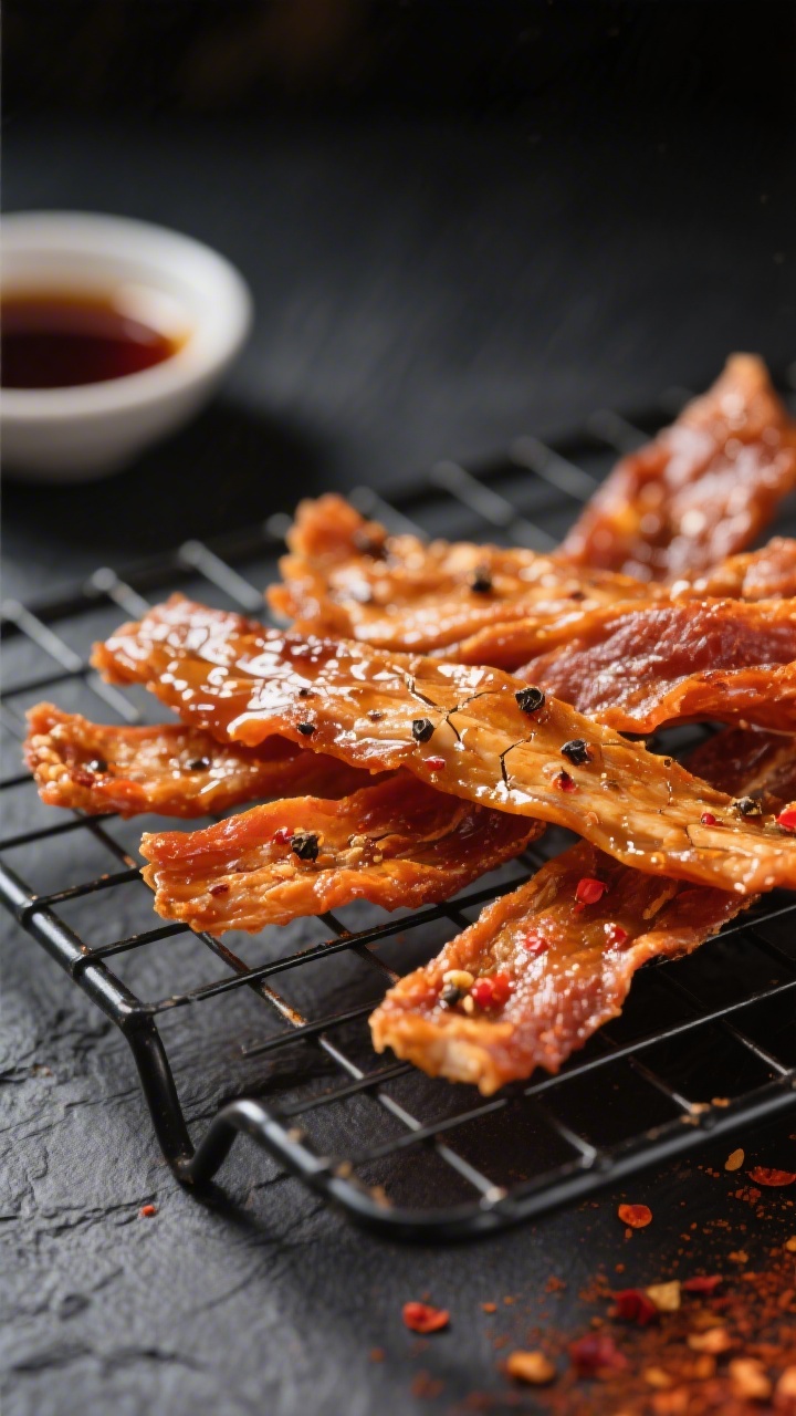 Close-up detail: Glazed air fryer honey chicken jerky strips resting on a cooling rack, surface dry