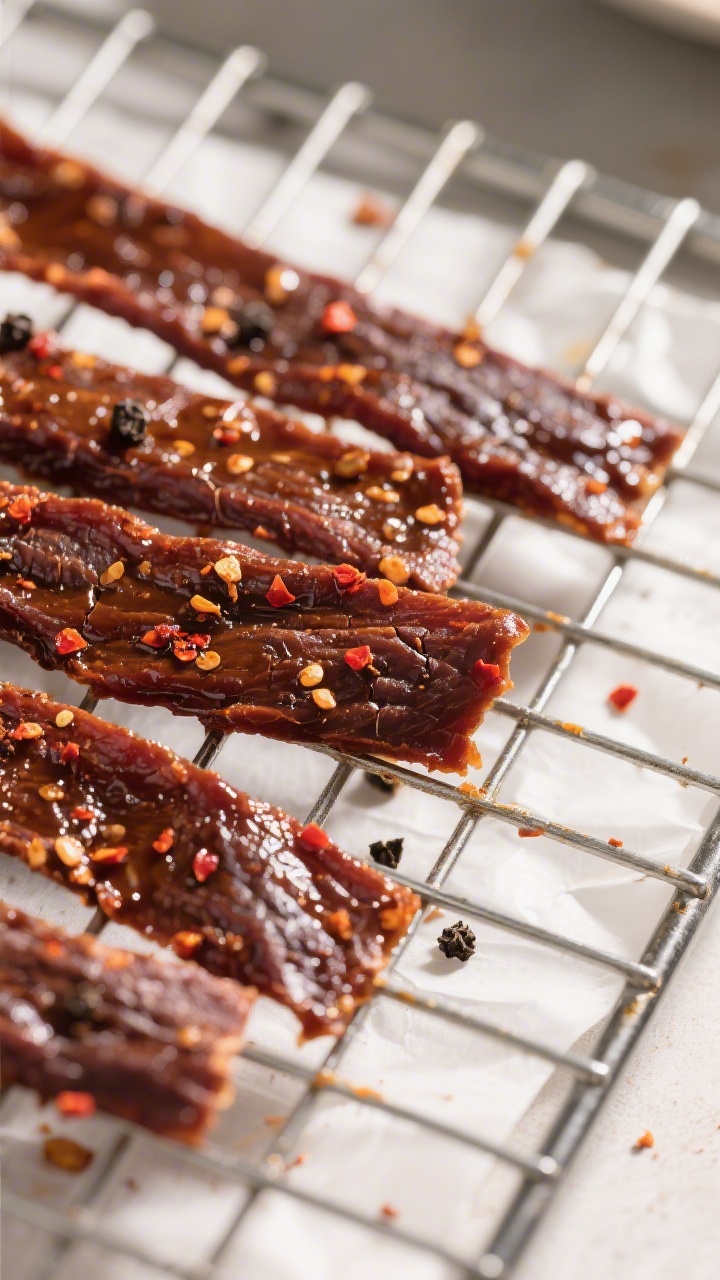 Close-up detail: Glazed air fryer venison jerky strips cooling on a wire rack, deeply mahogany-brown