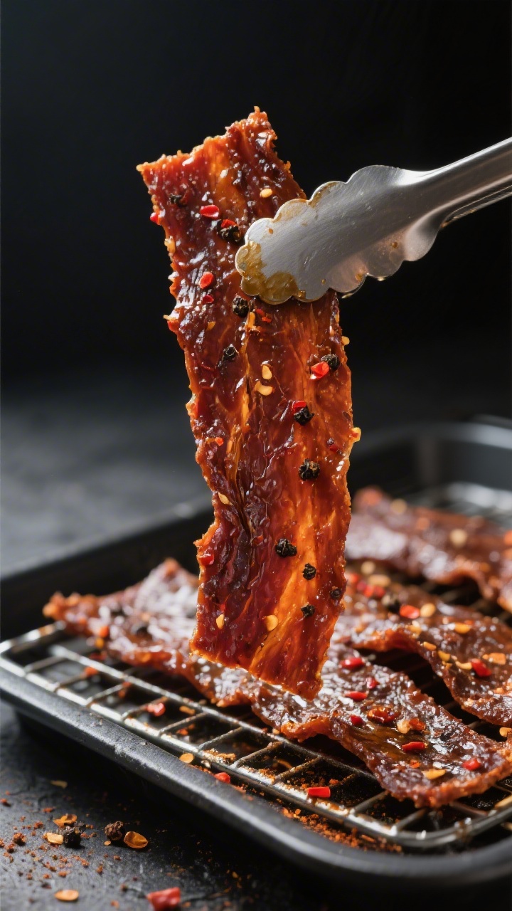 Close-up detail: Glazed bison jerky strips fresh from the air fryer rack, deeply browned with a glos
