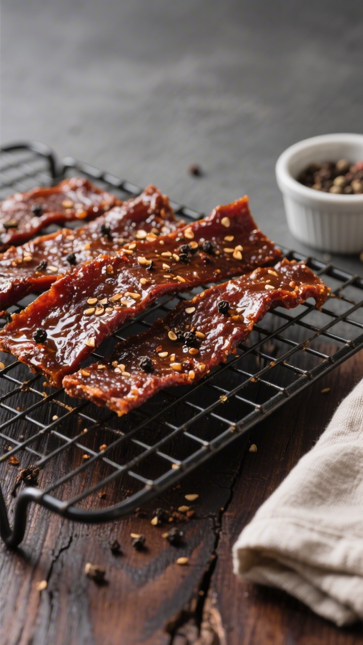 Close-up detail: Glazed slices of air fryer black pepper beef jerky resting on a wire rack, dark mah