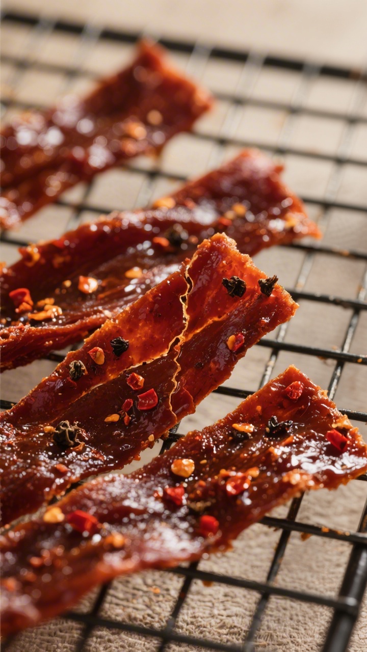 Close-up detail: Glazed strips of air-fried smoky chicken jerky resting on a wire rack, deep mahogan