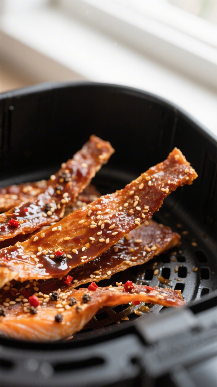 Close-up detail: Glazed teriyaki salmon jerky strips just out of the air fryer, dry to the touch and