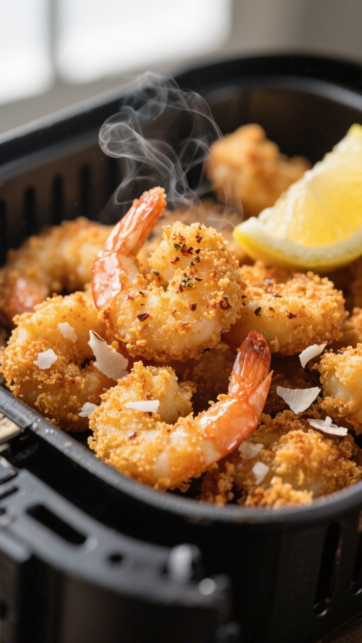 Close-up detail: Golden, air-fried breaded shrimp just out of the air fryer basket at 400°F, deeply