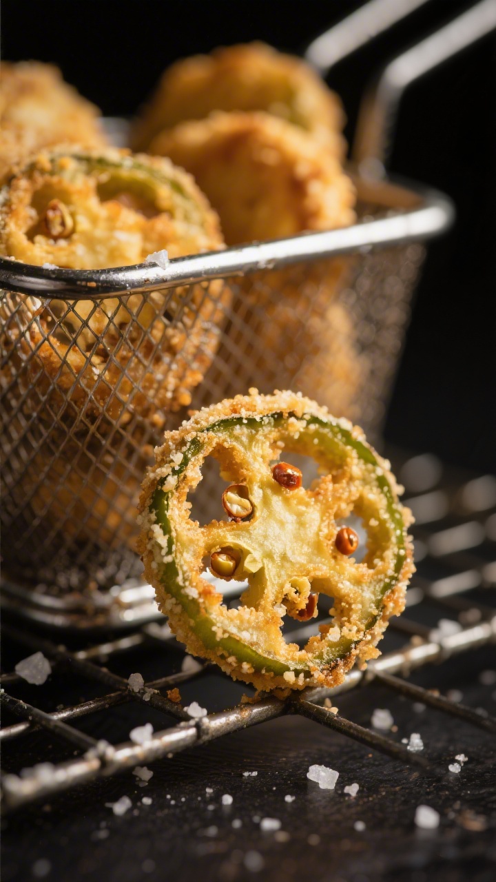Close-up detail: Golden, air-fried jalapeno coins just out of the basket, panko-Parmesan crust crack