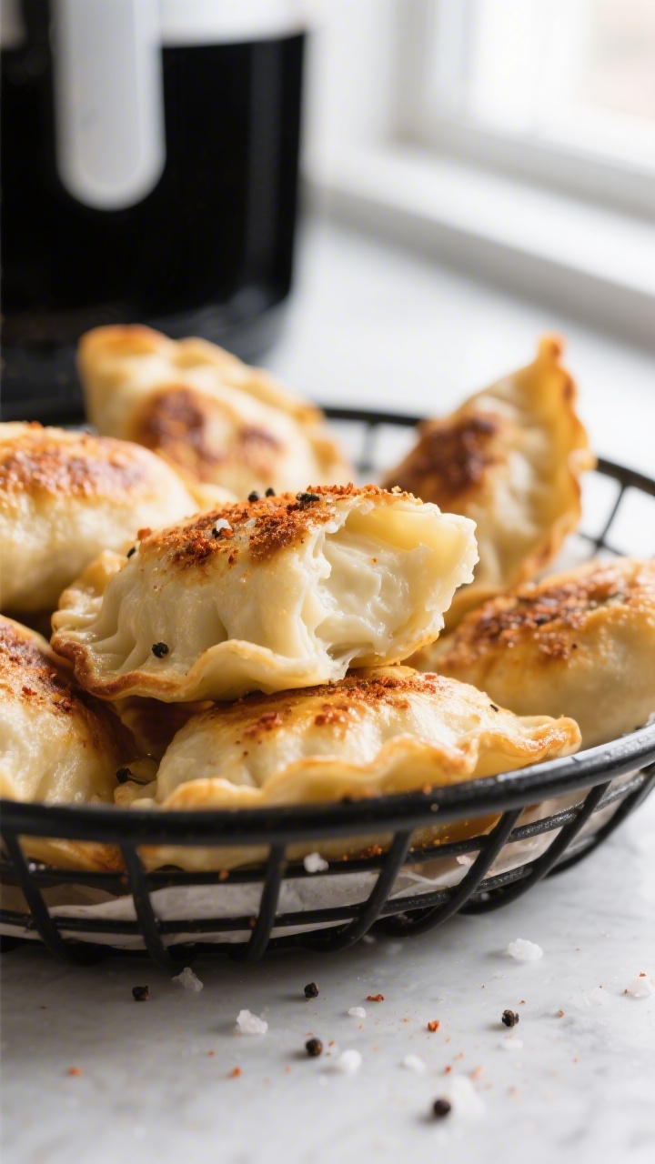 Close-up detail: Golden air-fried pierogies just out of the basket, surfaces blistered and crisp wit