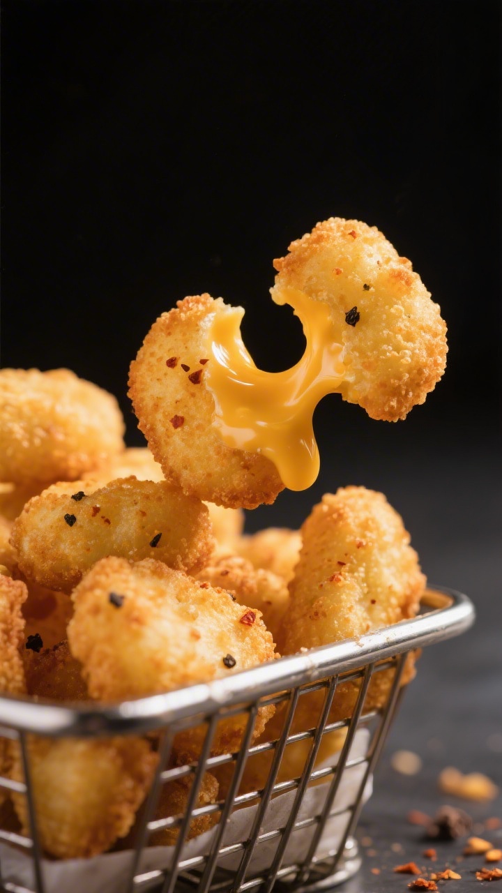 Close-up detail: Golden-brown air-fried cheese curds just out of the basket at the 6–8 minute mark