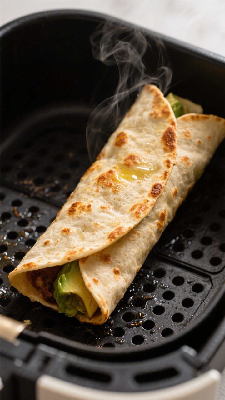 Close-up detail: Golden-brown air-fried chimichanga just flipped in the basket at 375°F, seam-side