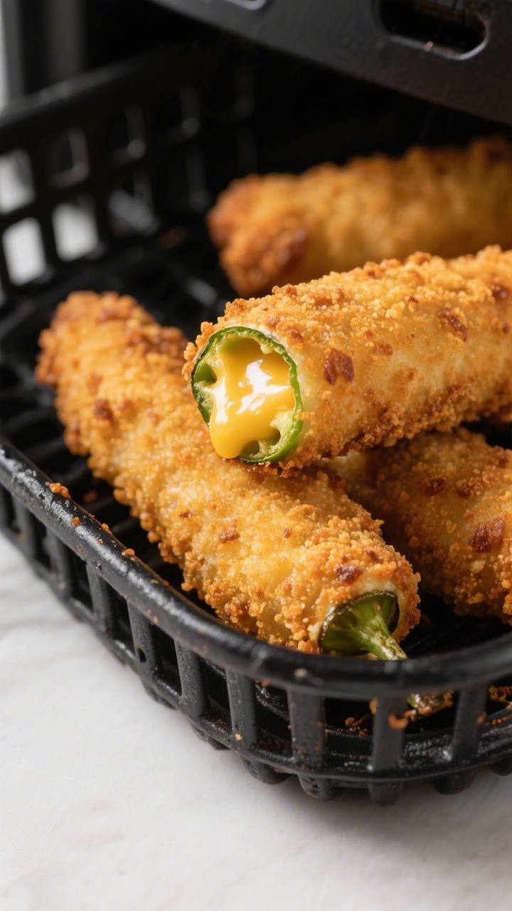 Close-up detail: Golden-brown air-fried jalapeno poppers just finished cooking in a preheated basket