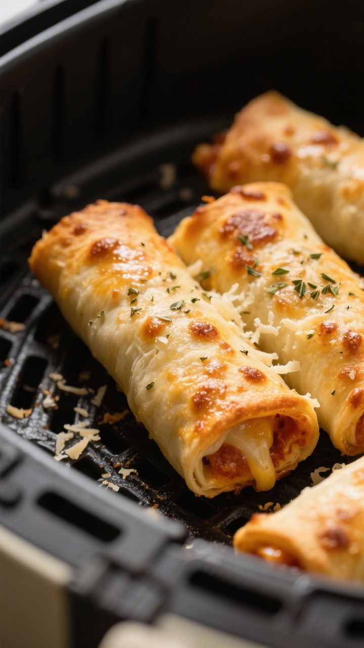 Close-up detail: Golden-brown air-fried pizza rolls just out of the basket, crisp blistered edges wi