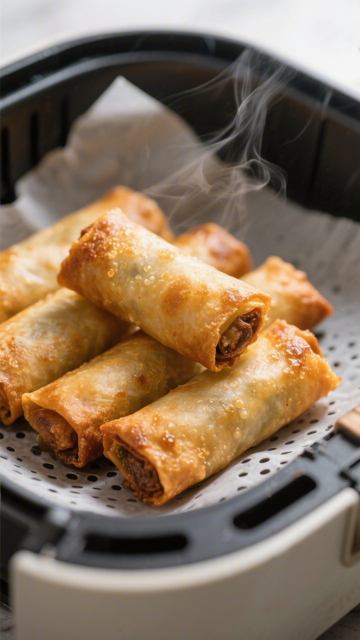 Close-up detail: Golden-brown air-fried spring rolls just out of the basket, shells blistered and sh