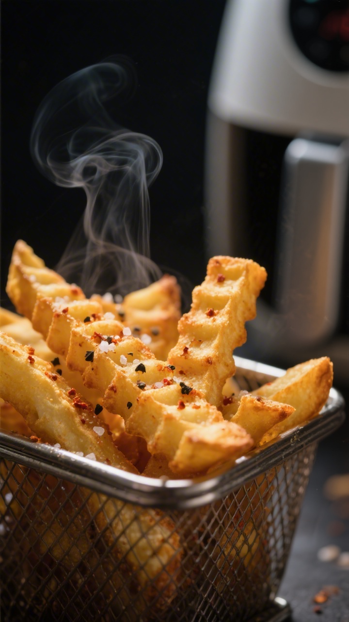 Close-up detail: Golden-brown air-fried waffle fries just out of the basket, edges crisp with visibl