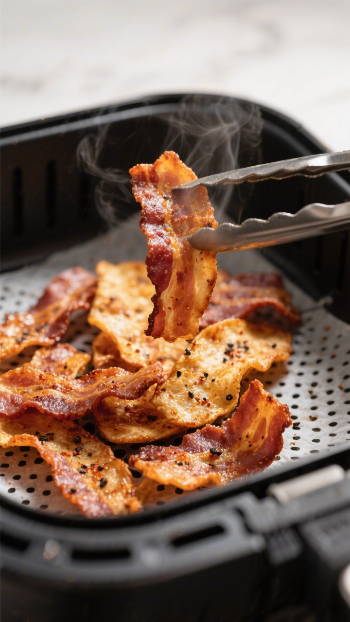 Close-up detail: Golden-brown air fryer bacon chips just finished cooking in the basket at 375°F, e