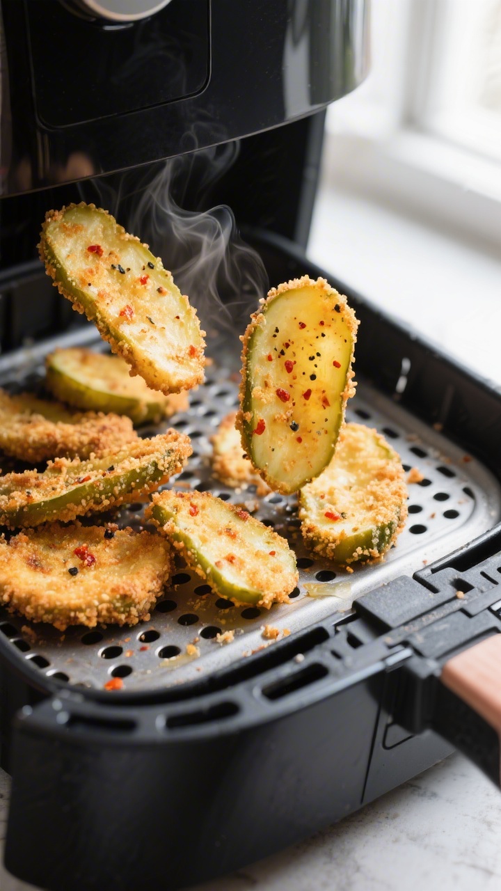Close-up detail: Golden-brown air fryer pickle chips just pulled from the basket, crisp panko-and-fi