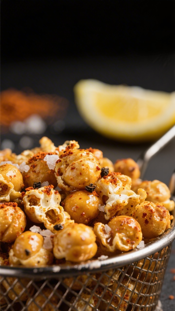 Close-up detail: Golden-brown air fryer popcorn chickpeas just out of the basket, glistening with ol