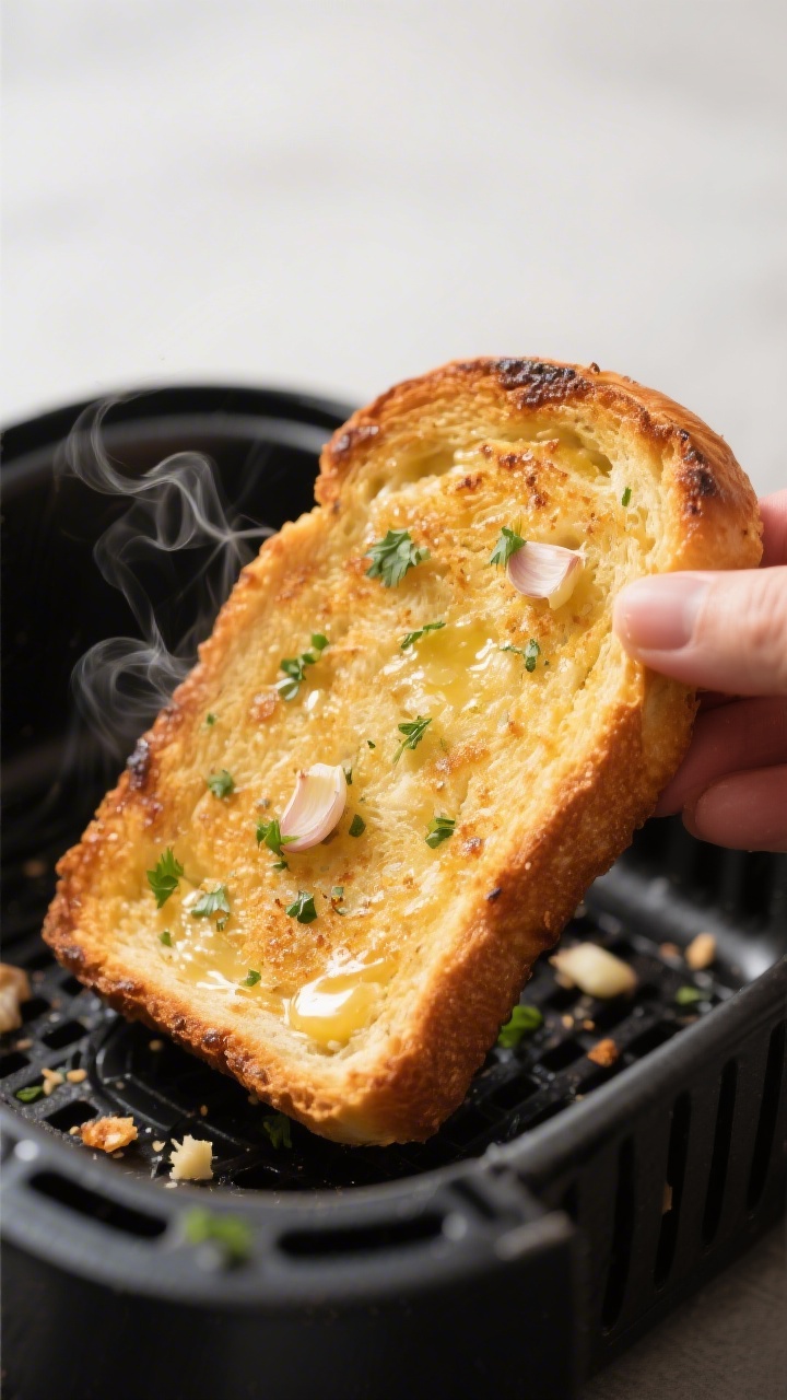 Close-up detail: Golden-brown garlic Texas toast just lifted from an air fryer basket, edges visibly