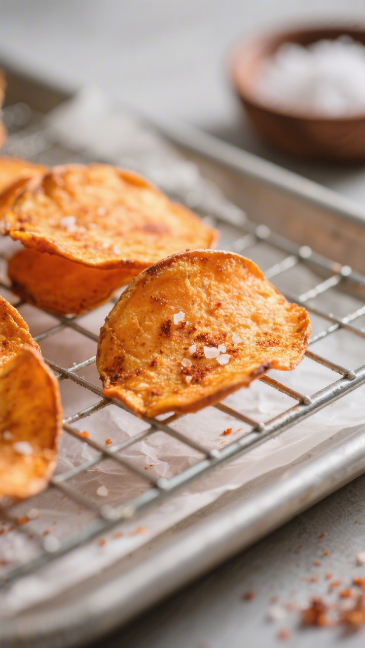 Close-up detail: Golden-orange air fryer sweet potato chips cooling on a wire rack, edges delicately