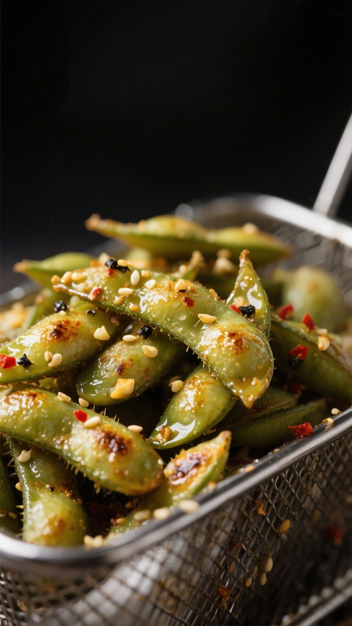 Close-up detail: Lightly blistered, garlicky air-fried edamame pods just out of the basket, glisteni