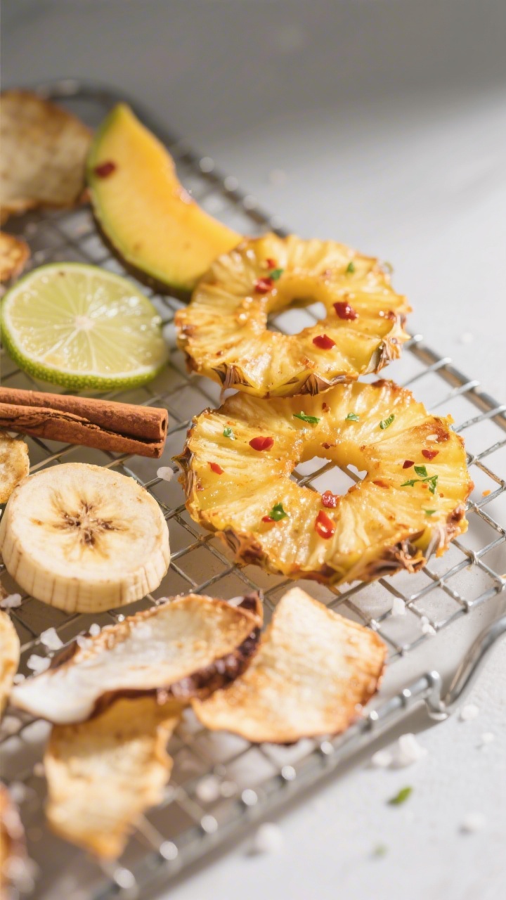 Close-up detail of air-fried tropical fruit chips cooling on a wire rack: golden-edged mango slices,