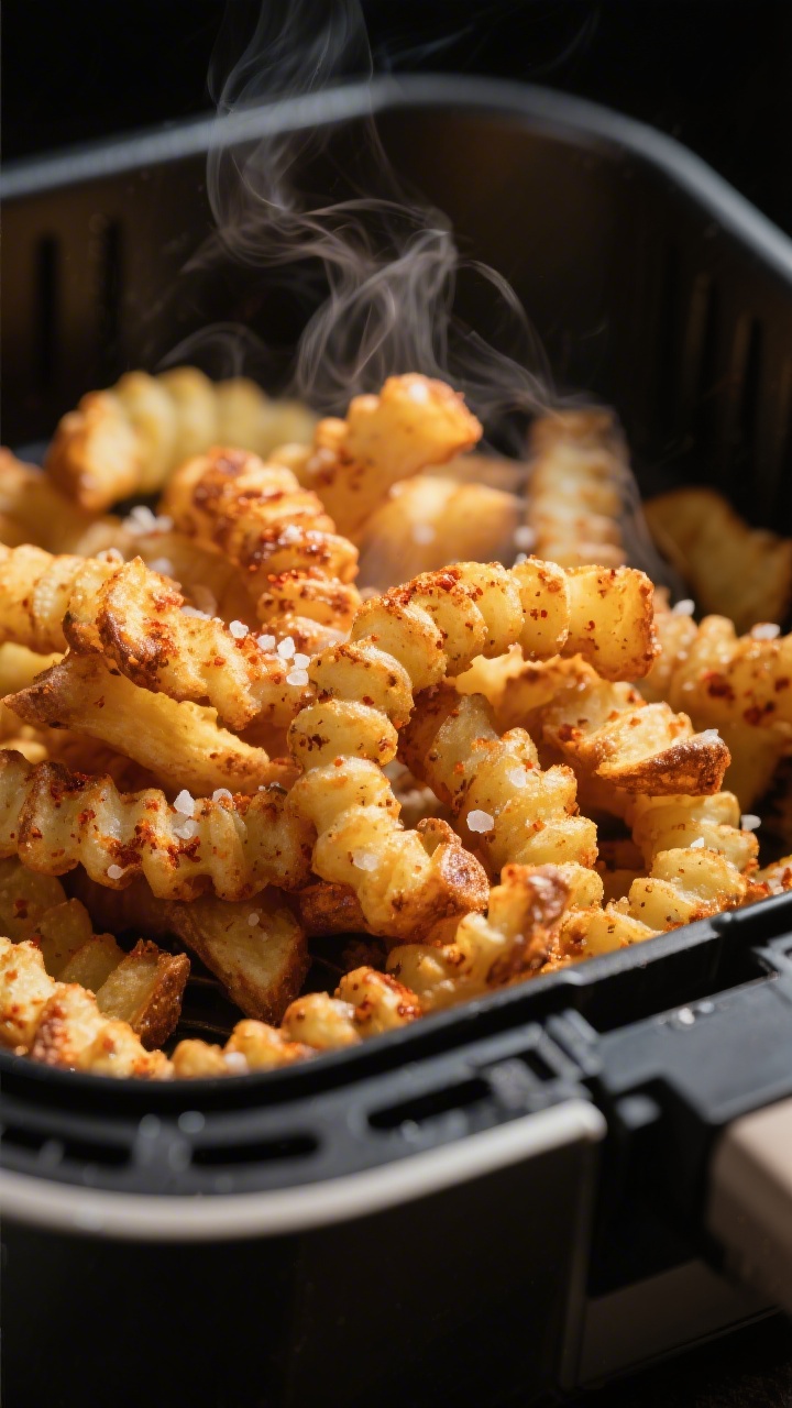 Close-up detail of crispy, golden-brown curly fries just out of the air fryer basket, steam rising,